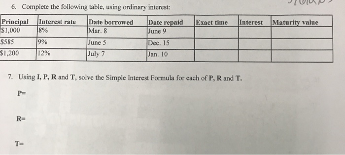 Solved 6. Complete the following table, using ordinary | Chegg.com