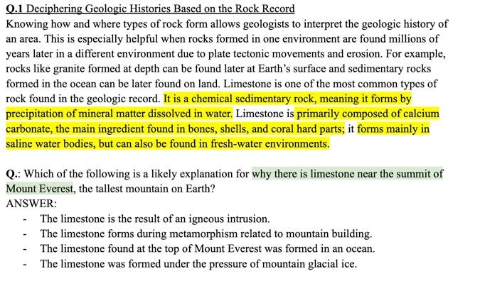 Solved Q.1 Deciphering Geologic Histories Based On The Rock | Chegg.com