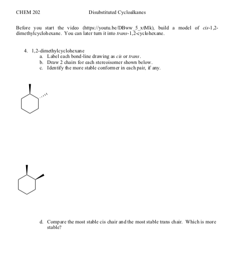 Solved Chem 202 Disubstituted Cycloalkanes Before You Sta