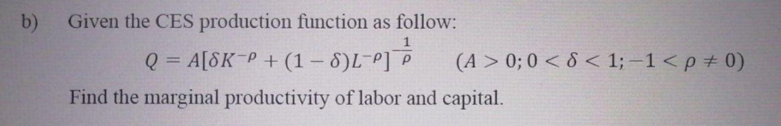 Solved b) 1 Given the CES production function as follow: Q = | Chegg.com