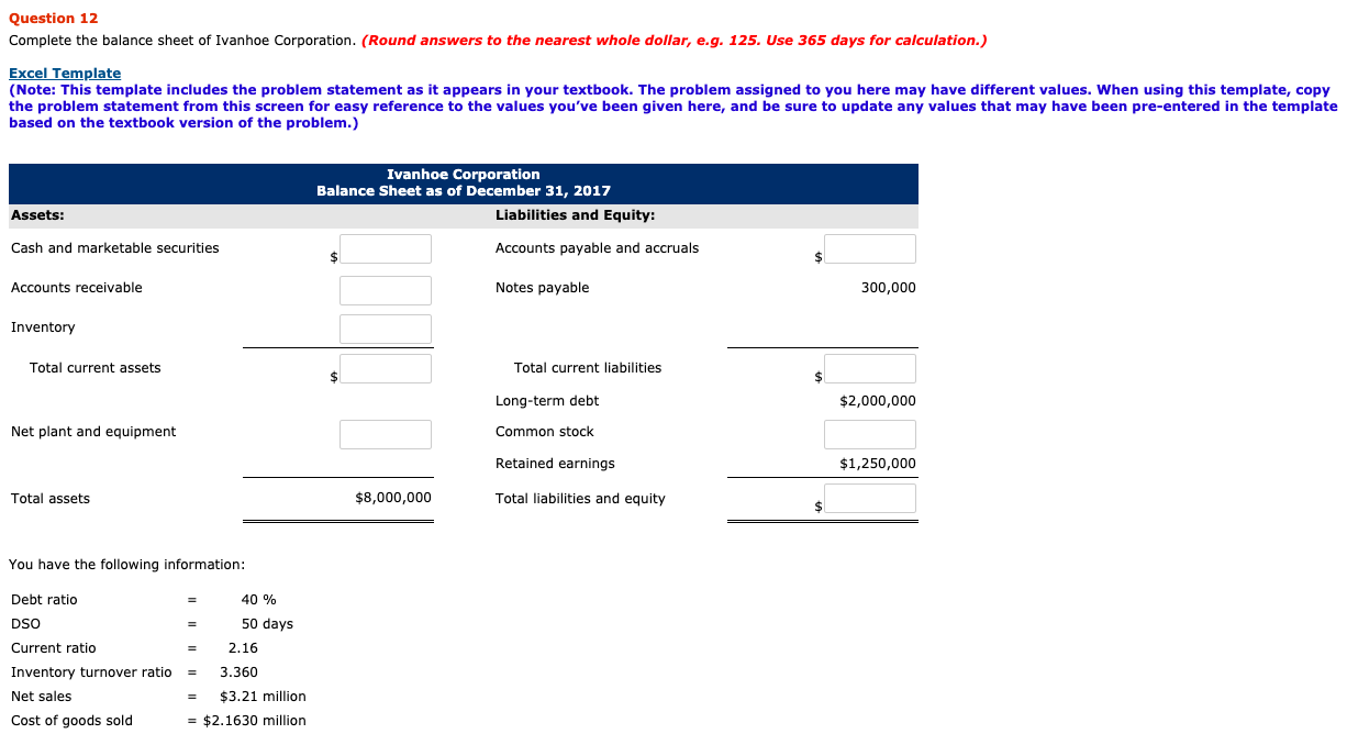 Solved Question 12 Complete the balance sheet of Ivanhoe | Chegg.com