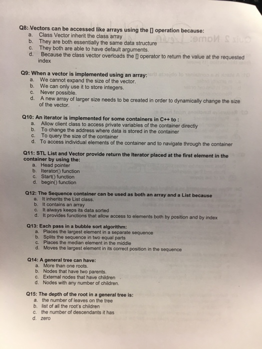 Solved Q8: Vectors can be accessed like arrays using the D | Chegg.com