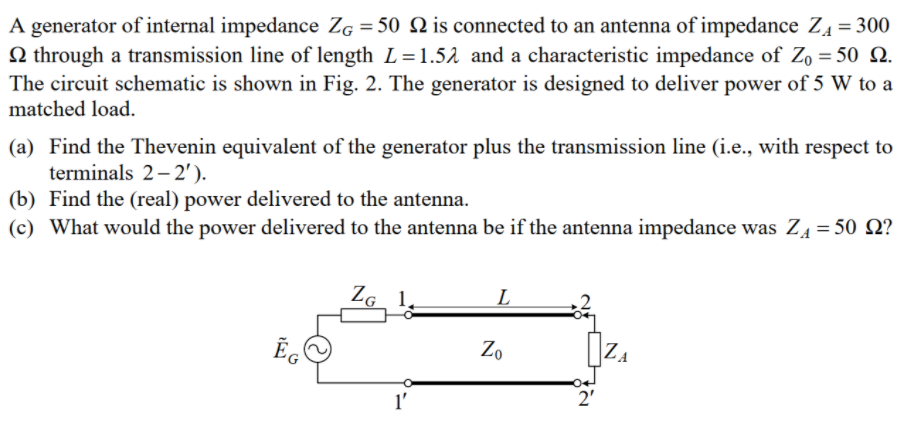 Solved A generator of internal impedance Zg = 50 12 is | Chegg.com