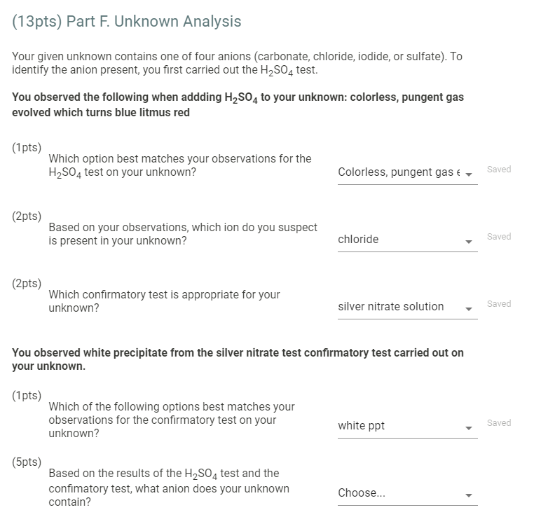 Solved (13pts) Part F. Unknown Analysis Your given unknown