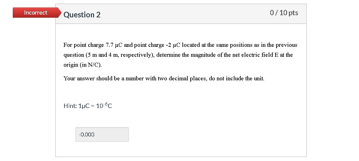 Solved Incorrect Question 2 0/ 10 pts For point charge 7.7 | Chegg.com
