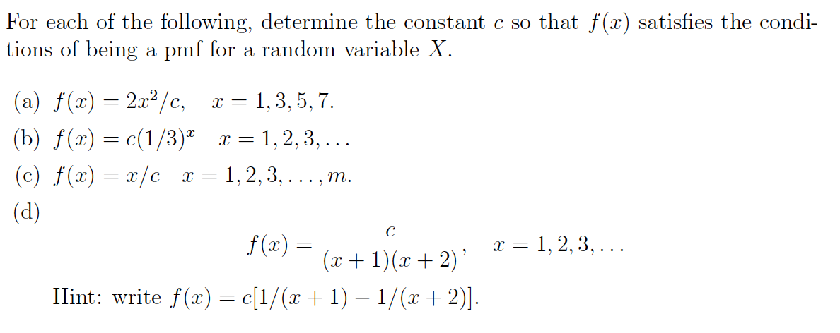 Solved For each of the following, determine the constant c | Chegg.com