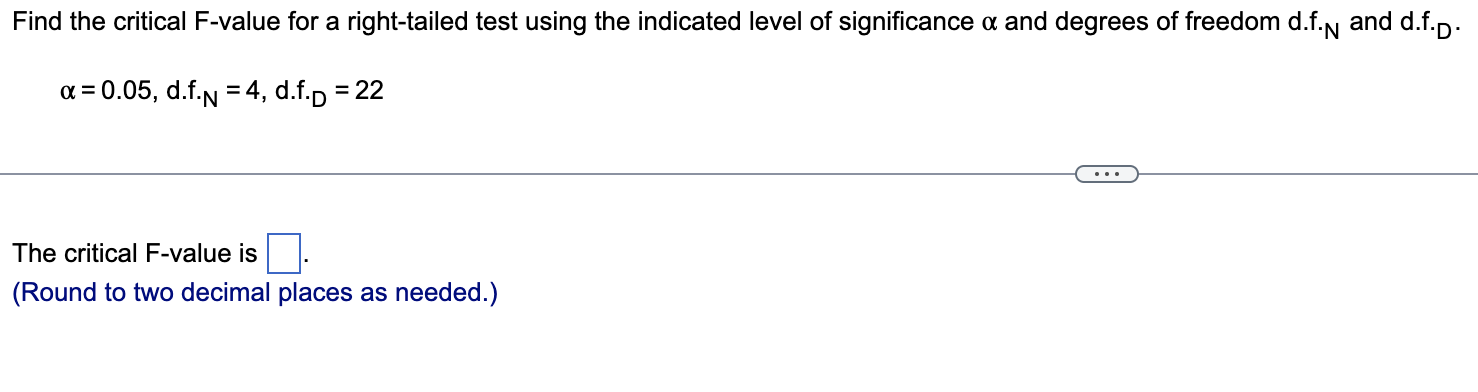 Solved Find the critical F-value for a right-tailed test | Chegg.com