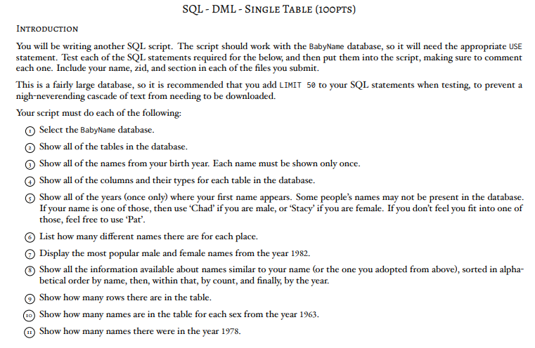 SQL - DML - SINGLE TABLE (100PTS) INTRODUCTION You | Chegg.com