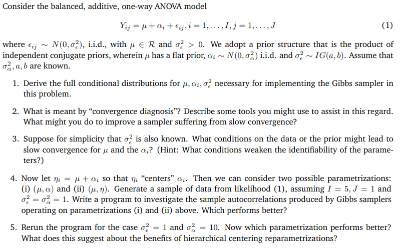 Consider the balanced, additive, one-way ANOVA model | Chegg.com