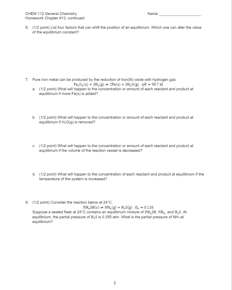 Solved Name CHEM 112 General Chemistry Homework Chapter #13 | Chegg.com