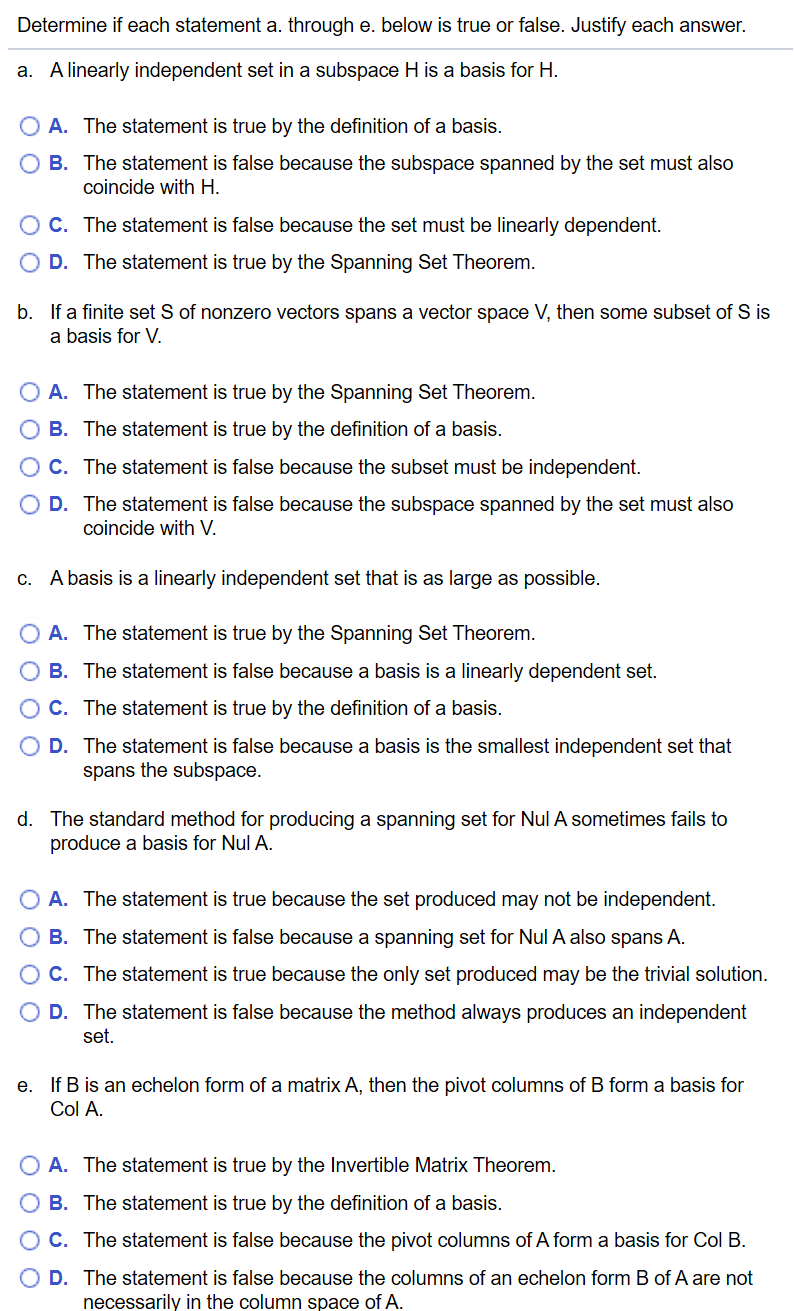 Solved Determine if each statement a. through e. below is | Chegg.com