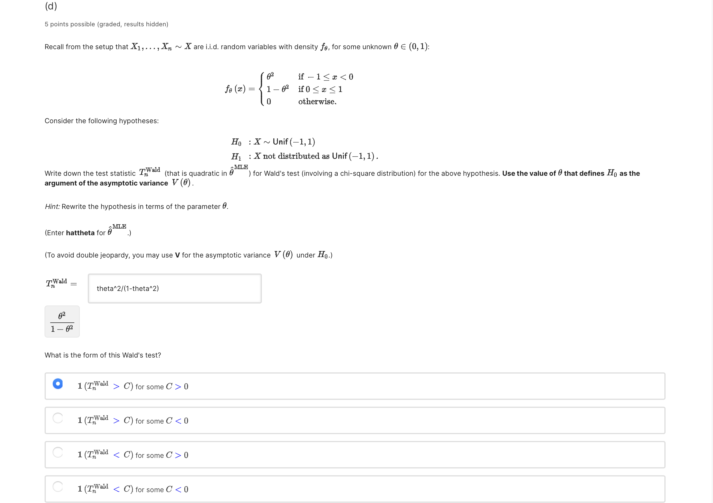 Solved (d) 5 Points Possible (graded, Results Hidden) Recall | Chegg.com