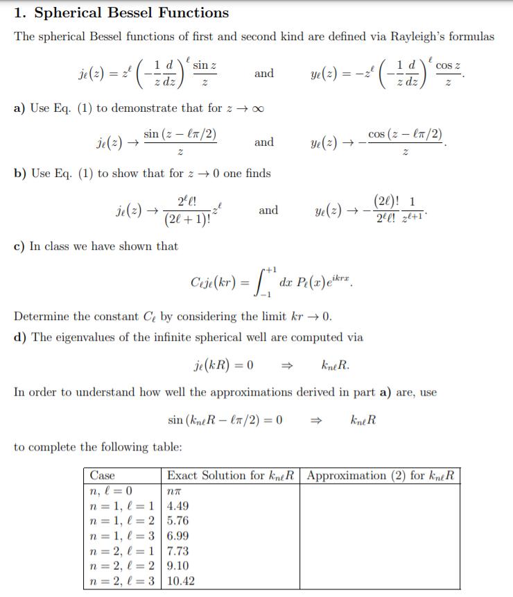 1. Spherical Bessel Functions The spherical Bessel | Chegg.com