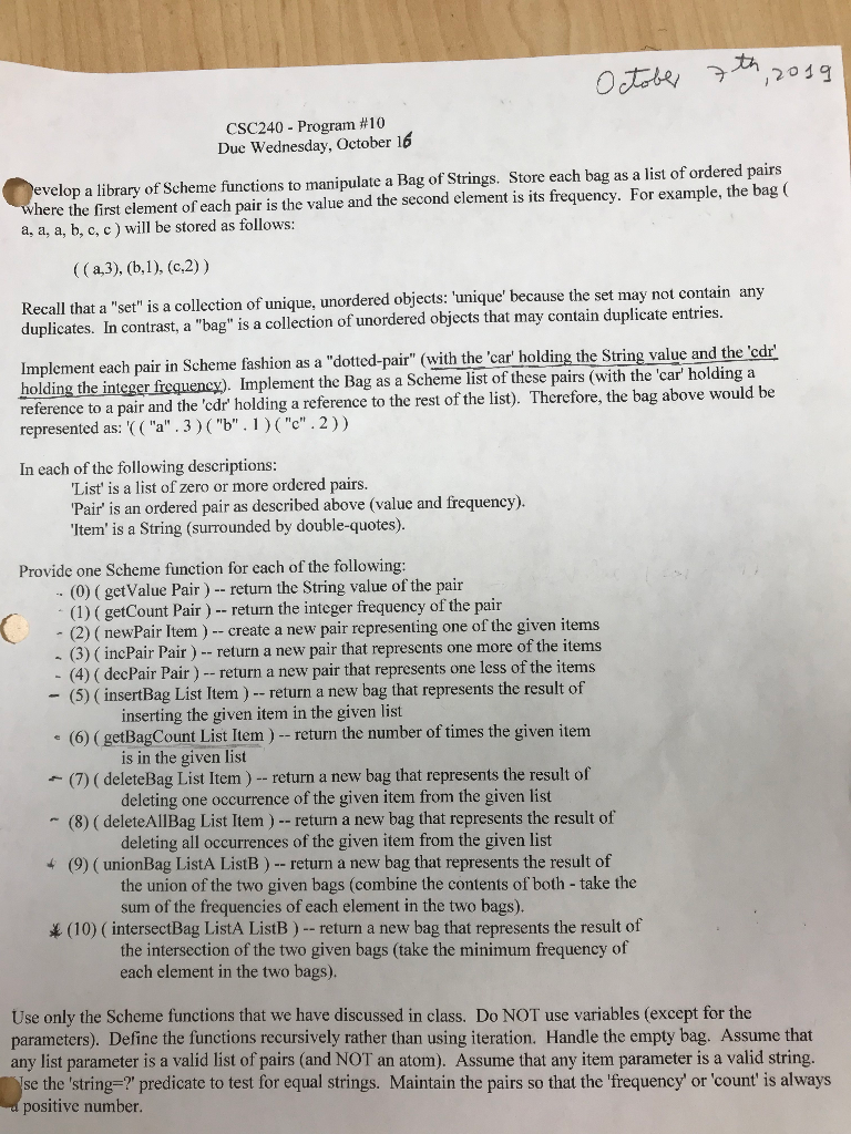 October 7th, 2019 CSC240 - Program #10 Due Wednesday, | Chegg.com