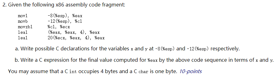 Solved 2. Given the following x86 assembly code fragment: | Chegg.com