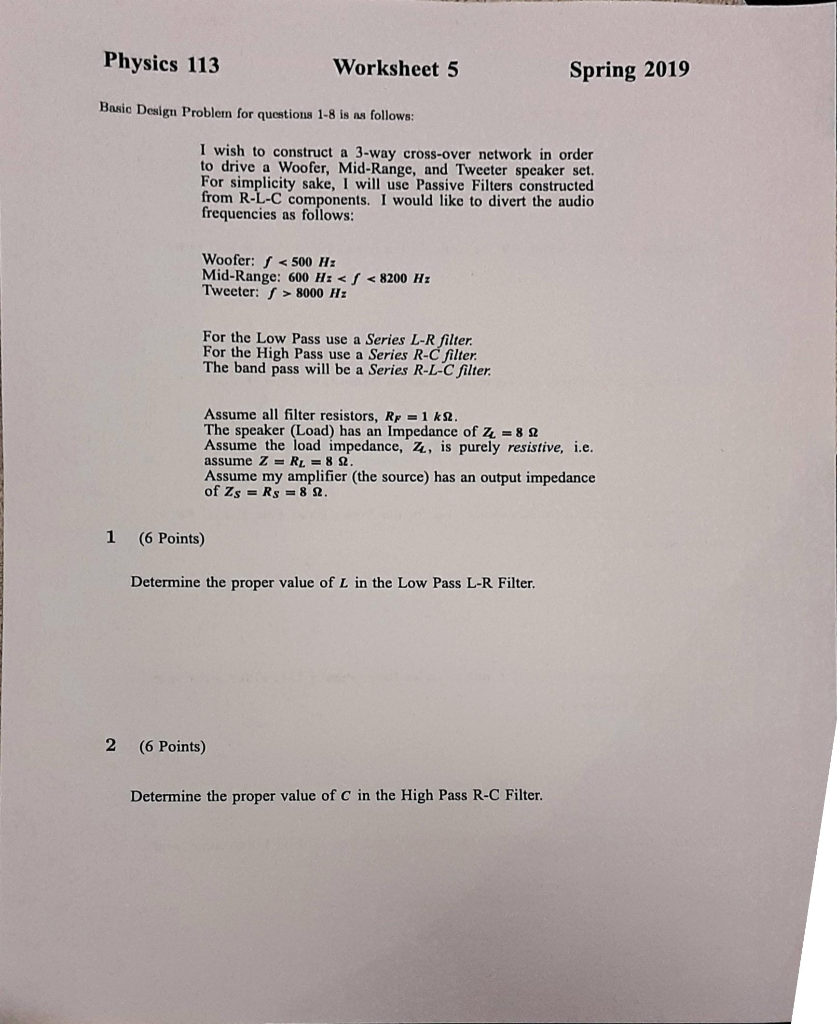 Solved Physics 113 Worksheet 5 Spring 2019 Basic Design | Chegg.com