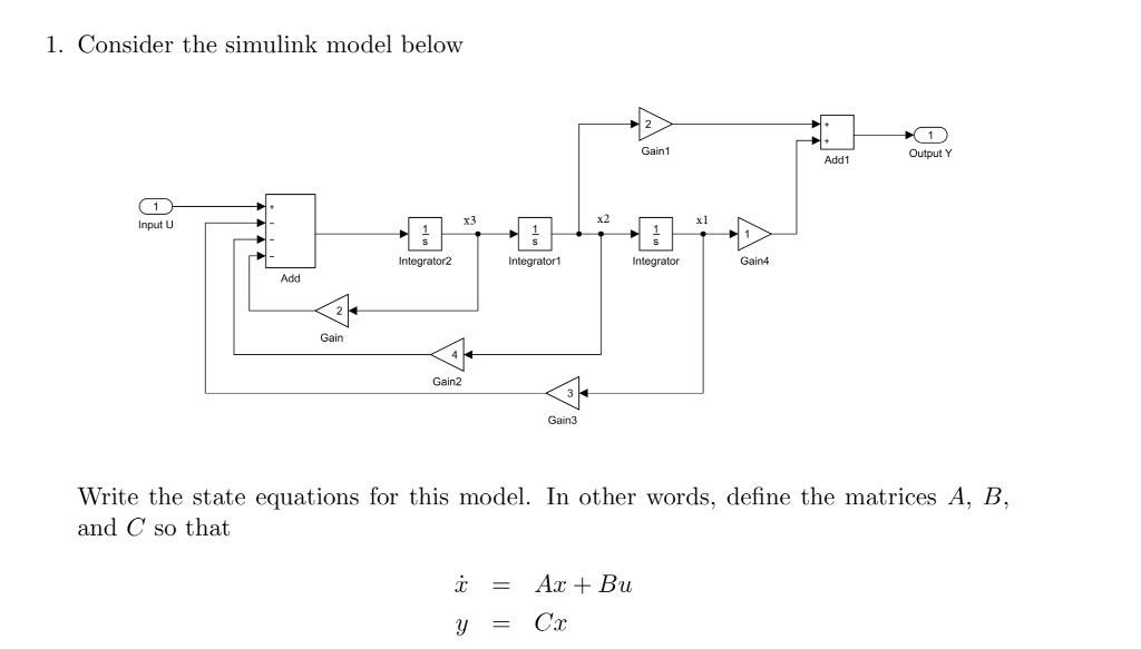 Solved 1. Consider The Simulink Model Below Add 1 Input U | Chegg.com