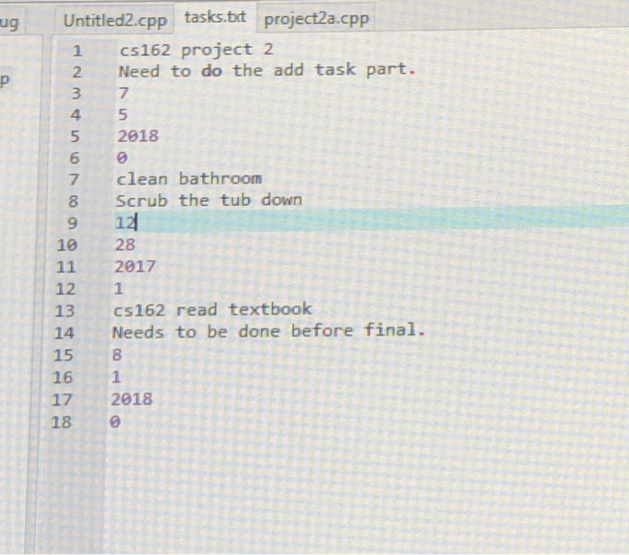 Task Cpp Example Untitled2.cpp tasks.txt project2a.cpp 1 cs162 project | Chegg.com