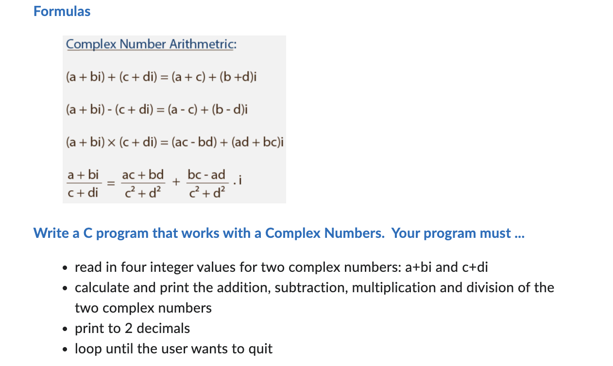 Solved Formulas Complex Number Arithmetric: | Chegg.com