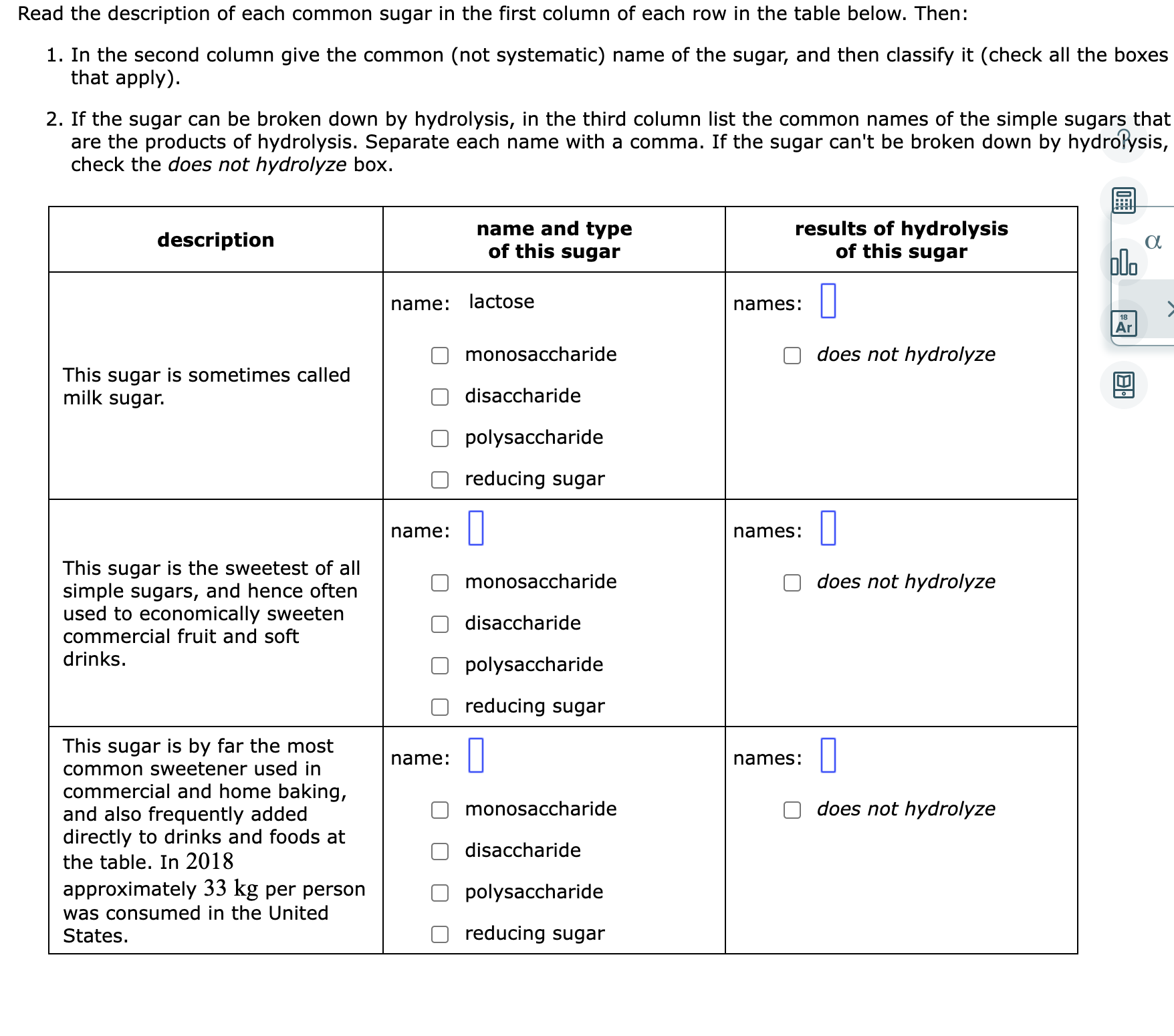 Solved Read the description of each common sugar in the | Chegg.com