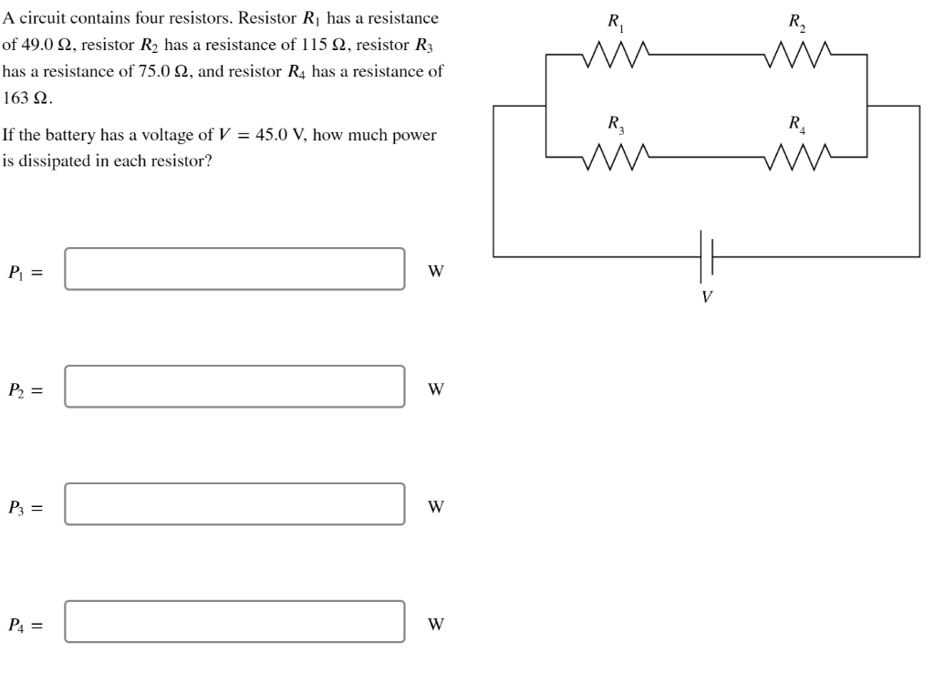 A circuit contains four resistors. Resistor \( R_{1} \) has a resistance of \( 49.0 \Omega \), resistor \( R_{2} \) has a res