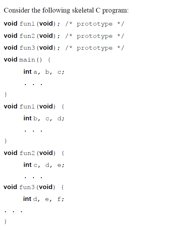 Solved Consider the following skeletal C program: void fun1 | Chegg.com