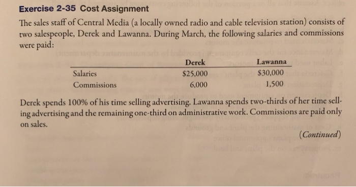 Solved Exercise 2-35 Cost Assignment The sales staff of | Chegg.com