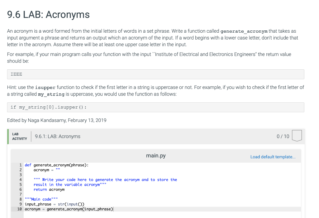 Solved: 9.6 LAB: Acronyms An Acronym Is A Word Formed From... | Chegg.com