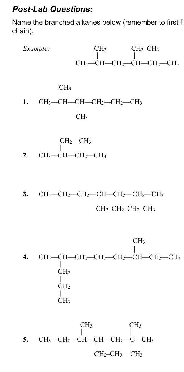 Solved Post-Lab Questions: Name the branched alkanes below | Chegg.com