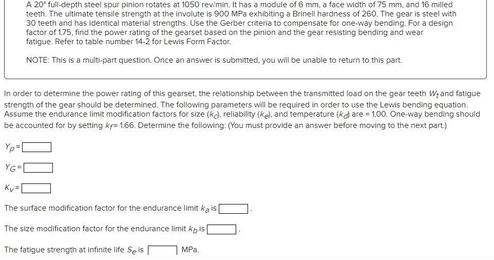 Solved A 20° fulldepth steel spur pinion rotates at 1050