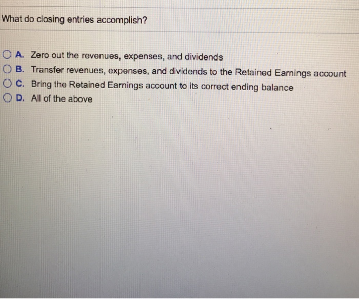 Solved What Do Closing Entries Accomplish? A. Zero Out The | Chegg.com