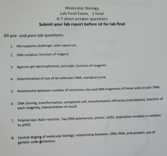 Molecular Biology Lab Final Exam, 1 Hour 6-7 Short... | Chegg.com