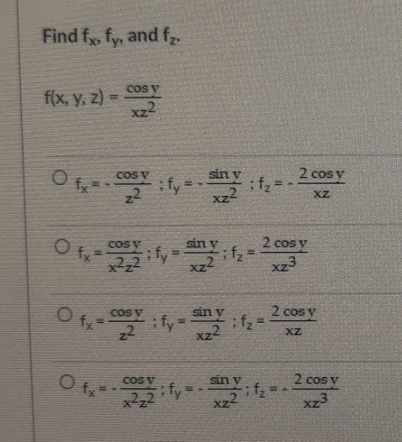 Solved Find Fx Fy And Fz Cos V F X Y Z Xz Of Fx Chegg Com