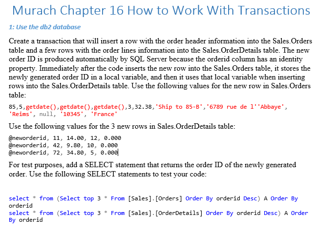 Solved Murach Chapter 16 How to Work With Transactions 1: | Chegg.com