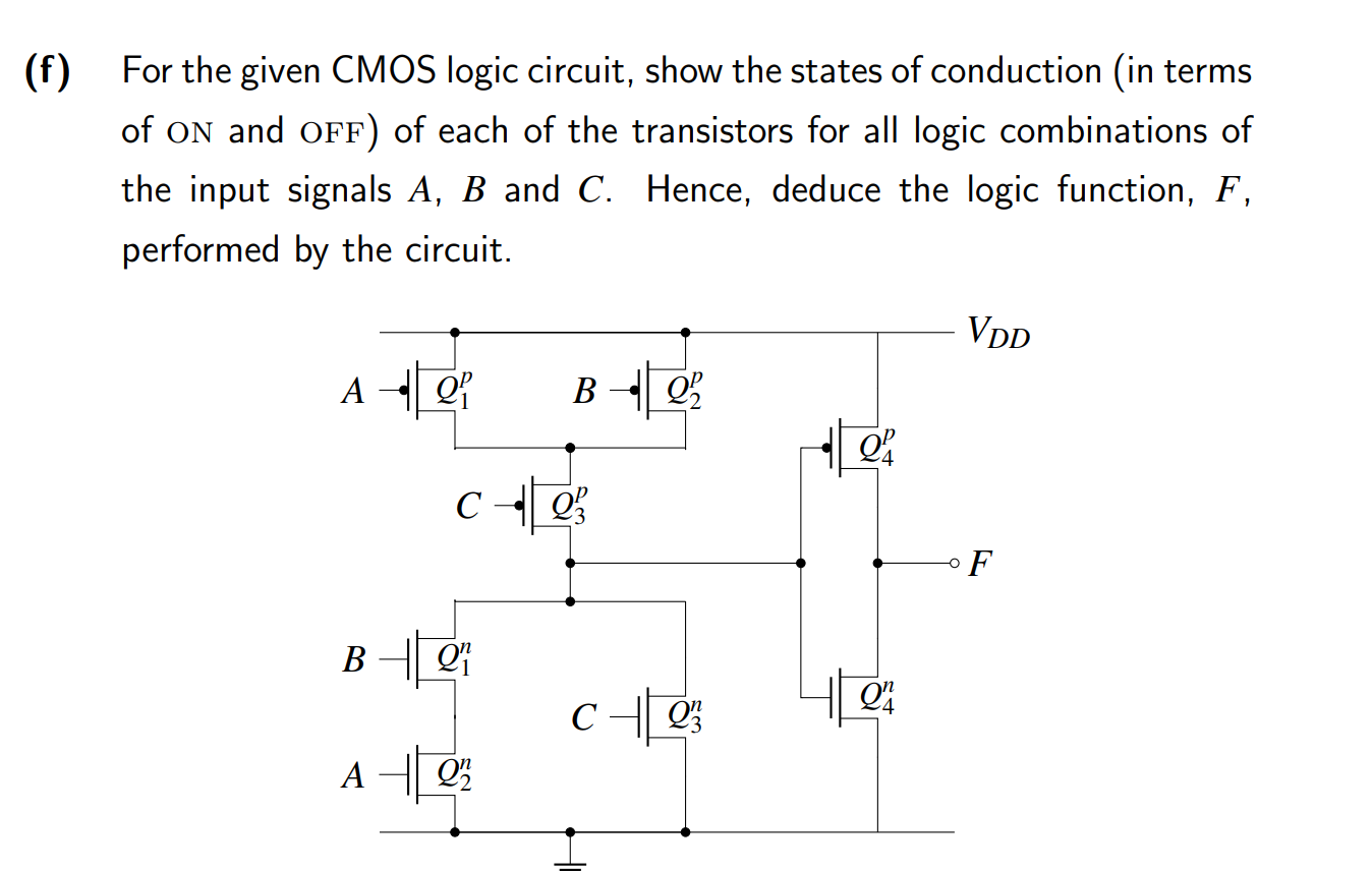 Solved (f) For the given CMOS logic circuit, show the states | Chegg.com
