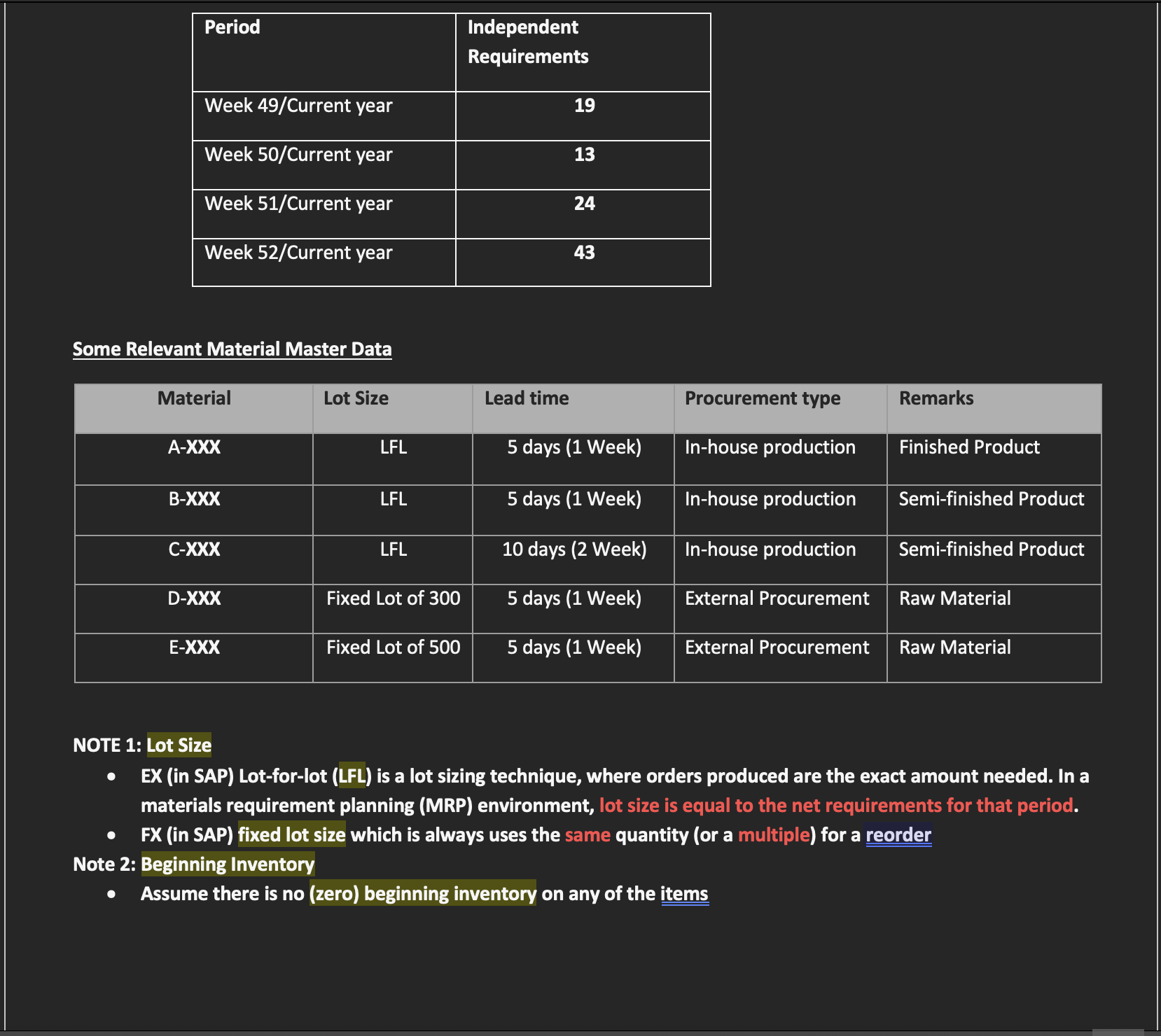 Solved Material Requirements Planning Exercise Assignment | Chegg.com