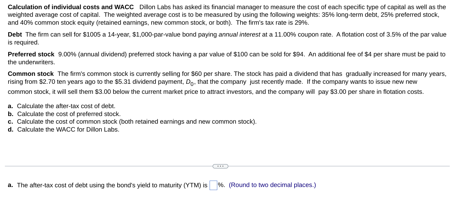 Solved Calculation Of Individual Costs And WACC Dillon Labs | Chegg.com