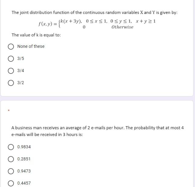 Solved The joint distribution function of the continuous | Chegg.com
