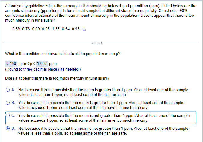 Solved A food safety guideline is that the mercury in fish | Chegg.com