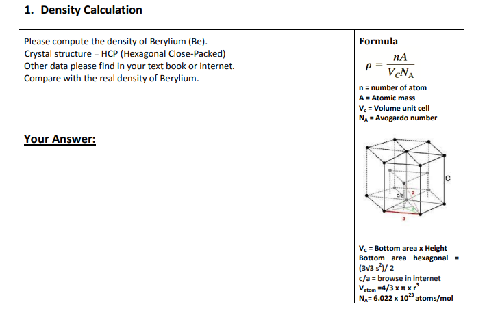 Solved 1. Density Calculation Please Compute The Density Of | Chegg.com