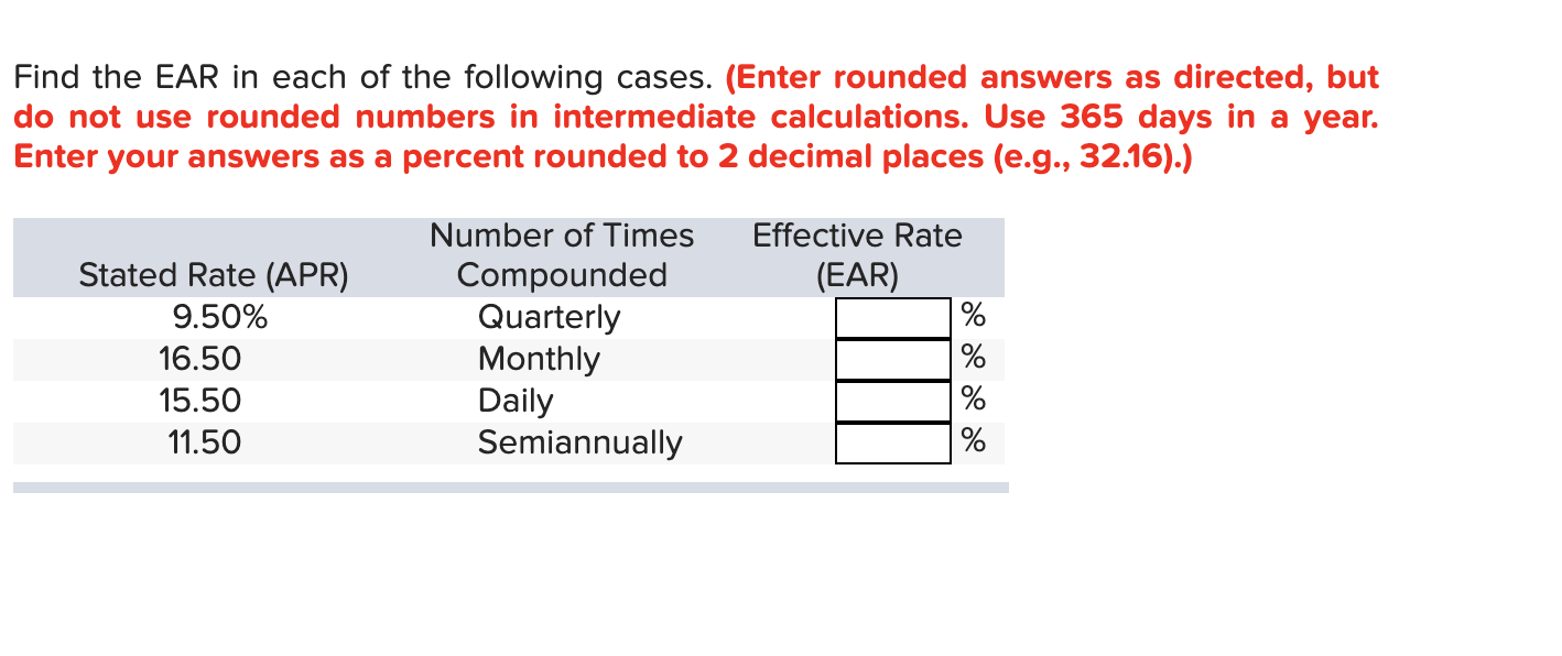 Solved Find the EAR in each of the following cases. (Enter | Chegg.com