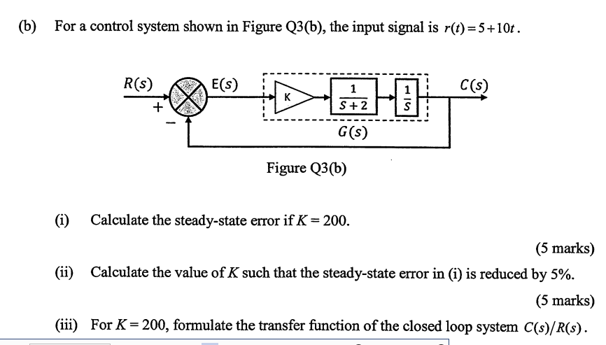 Solved (b) For a control system shown in Figure Q3(b), the | Chegg.com