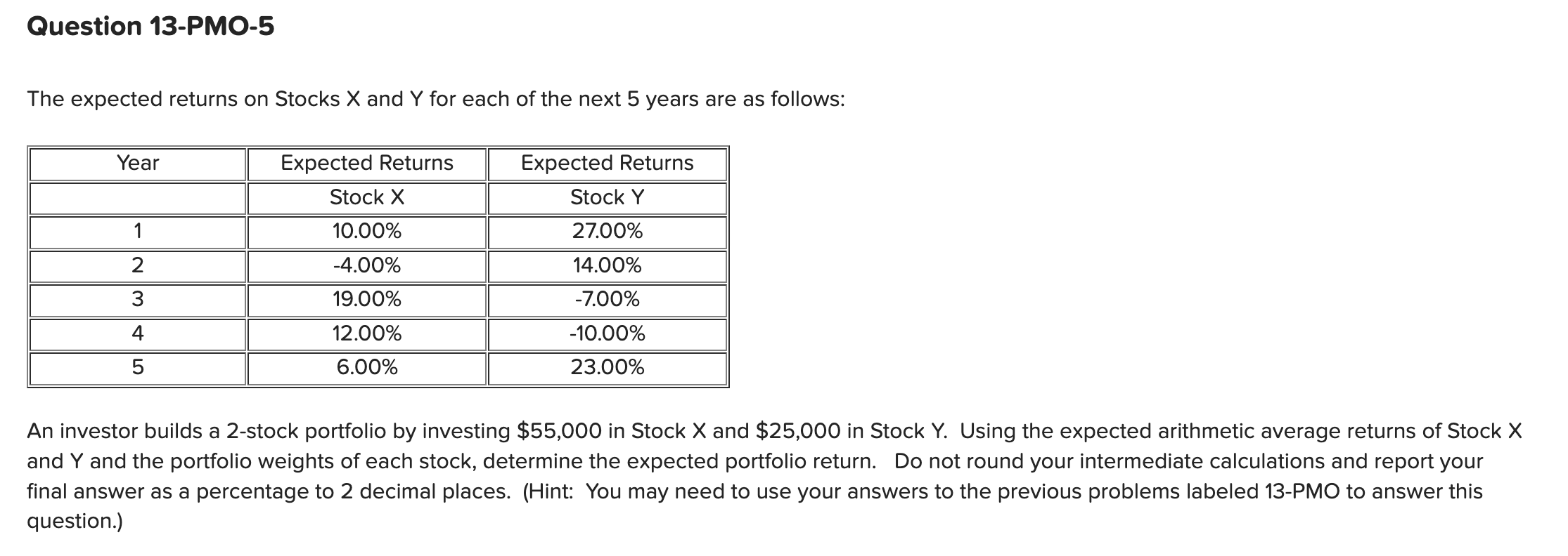 Solved Question 13-PMO-5The expected returns on Stocks x | Chegg.com