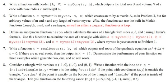 Solved 4. Write a function with header (A, V] - myCone (r, | Chegg.com