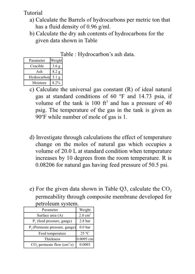 Solved Tutorial a) Calculate the Barrels of hydrocarbons per