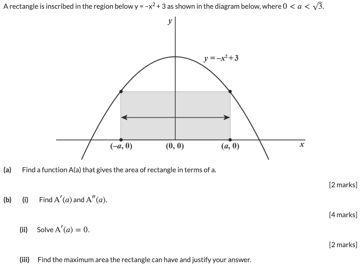 Solved A rectangle is inscribed in the region below y=-x2 +3 | Chegg.com
