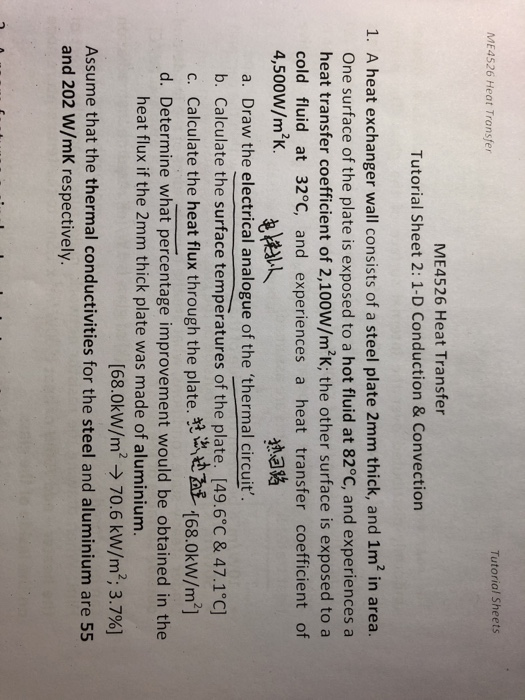 Solved ME4526 Heat Transfer Tutorial Sheets ME4526 Heat | Chegg.com