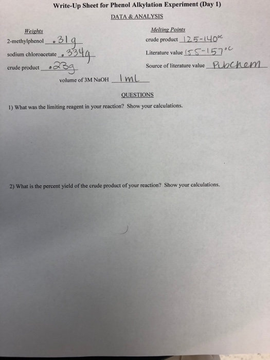 WriteUp Sheet for Phenol Alkylation Experiment (Day