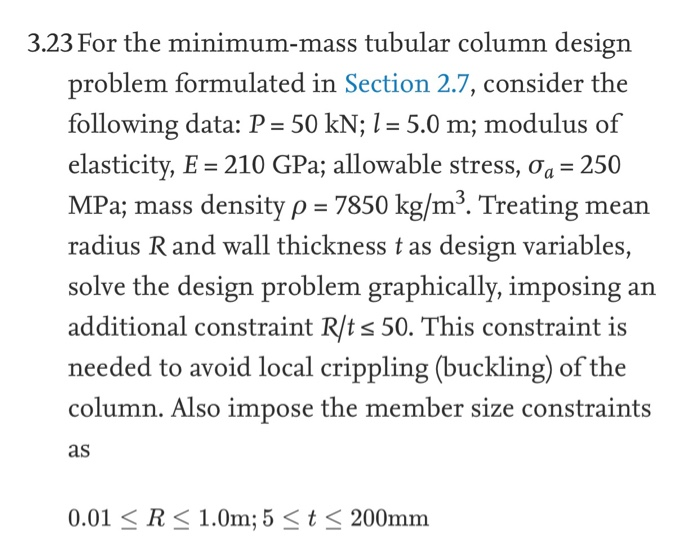 3.23 For the minimum-mass tubular column design | Chegg.com