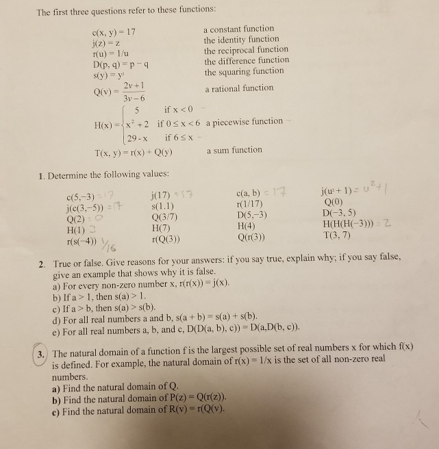 Solved The first three questions refer to these functions: | Chegg.com